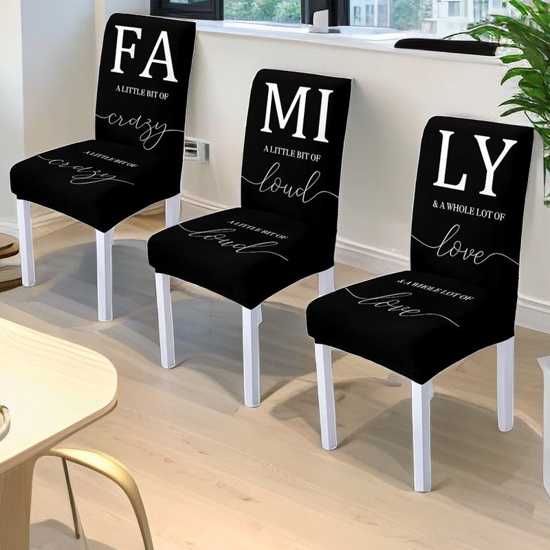Coprisedie con stampa a lettere FAMILY - Set da 3 pezzi, tessuto elasticizzato in seta di latte, sfoderabili e lavabili (arredamento per la casa)_voghion.com