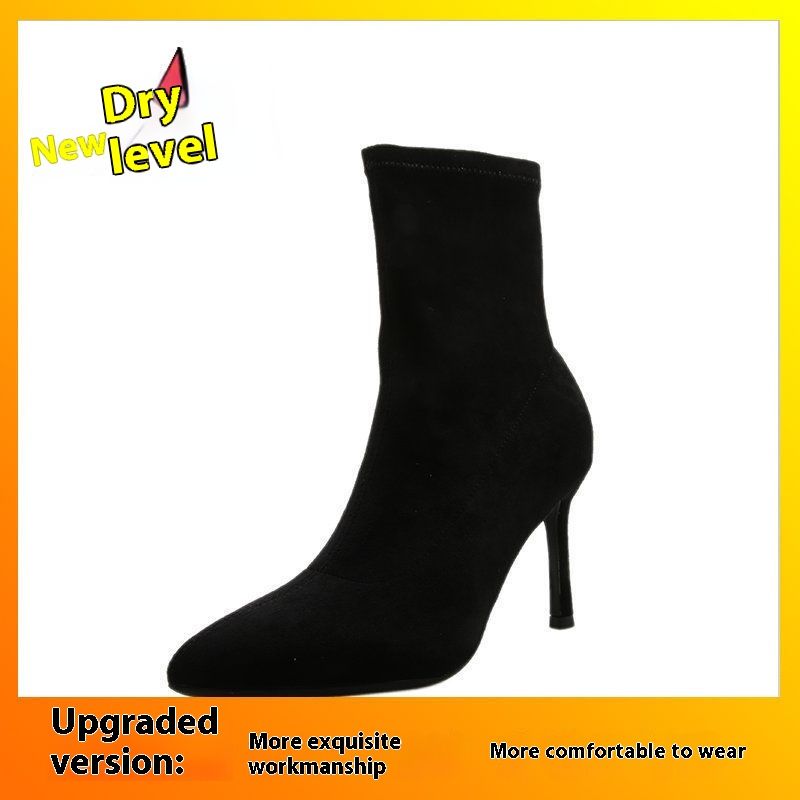 Thin heeled black elastic socks internet famous slimming boots, mid length versatile high heels, pointed short boots for_voghion.com