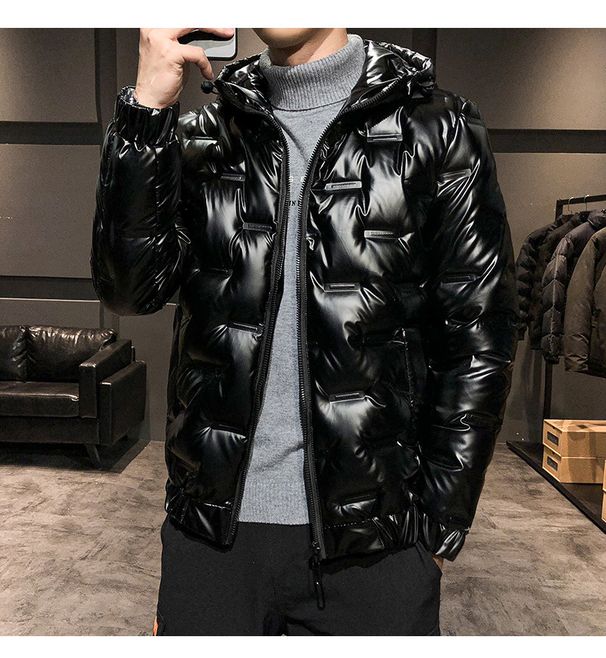 Herenkleding Heren Slim Fit Glanzend Gewatteerd Jack met Capuchon - Lichtgewicht Opstaande Kraag Jas met Ritssluiting voor Casual Winterkleding (Zwart, Zilver, Goud)_voghion.com
