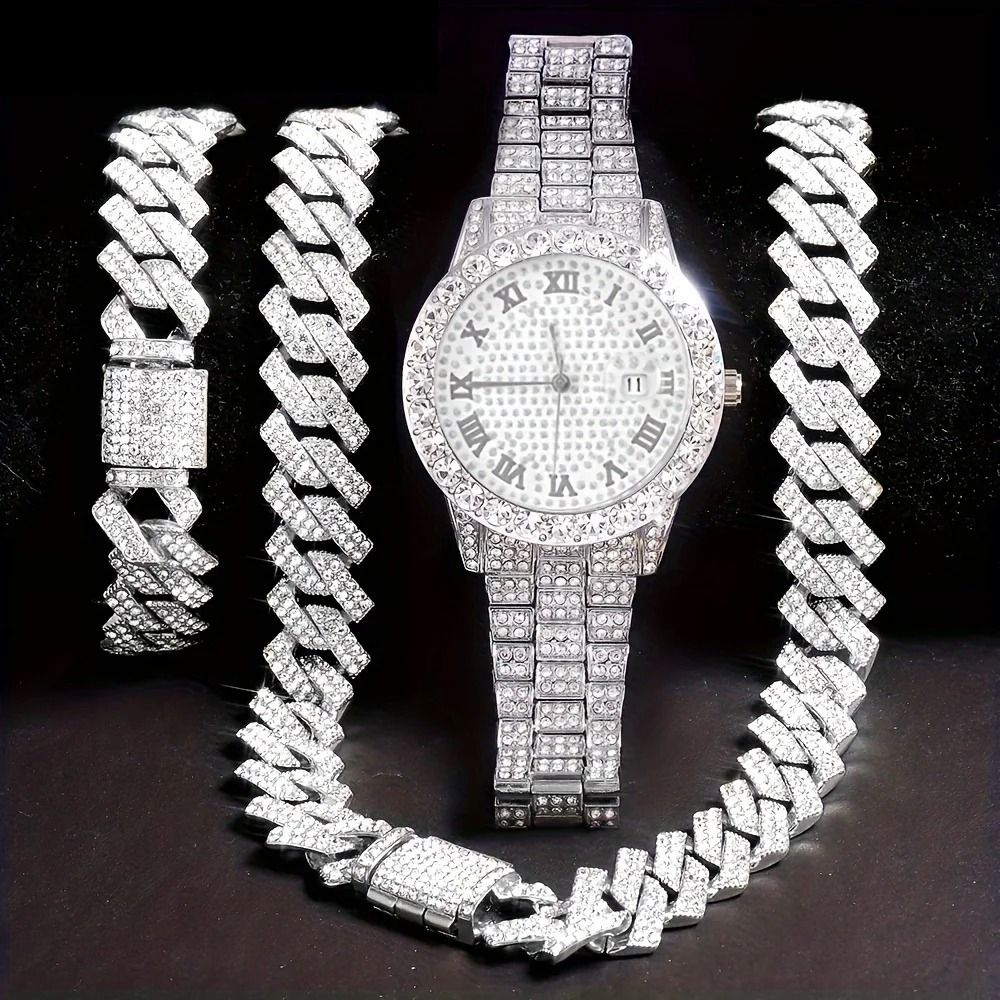 Mode Diamant Uhr Hip Hop Armband Halskette Geschenk Set Quarzuhr 3 teile/satz_voghion.com