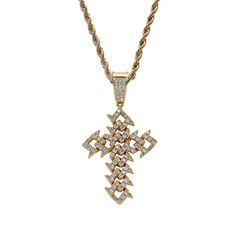 Ciondolo a catena cubana, gioiello hip hop, in rame intarsiato, zircone, stile versatile alla moda, croce a forma di vite e spina._voghion.com