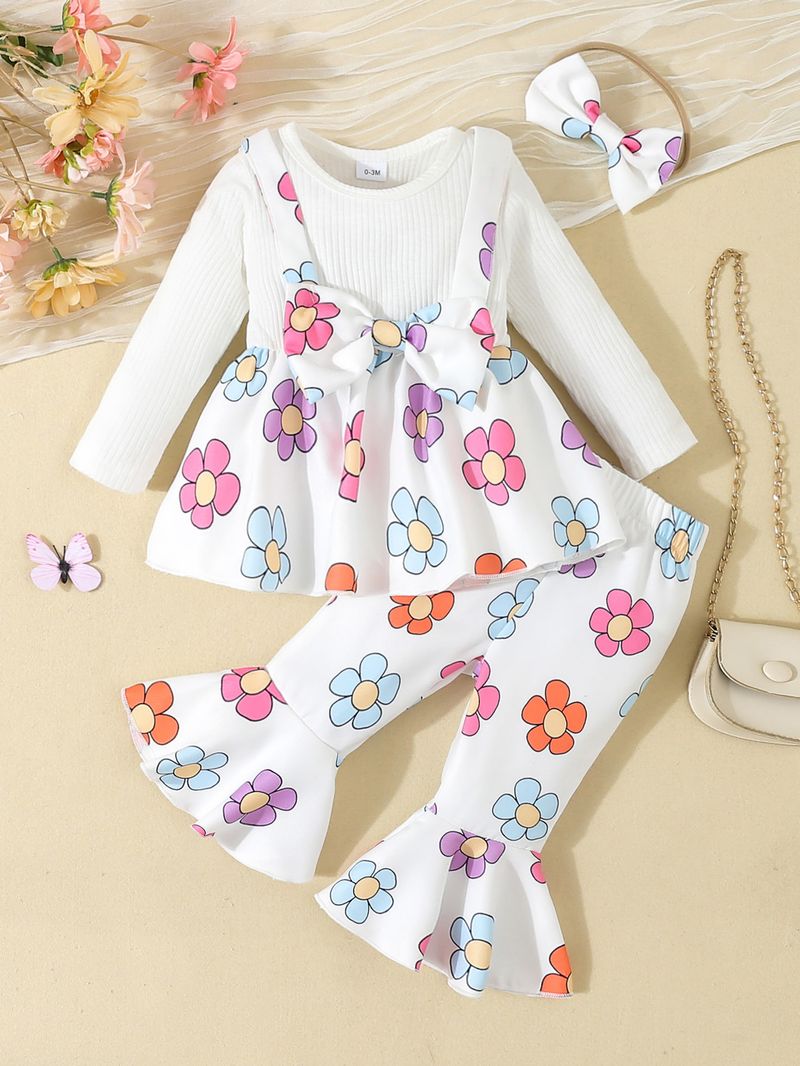 Conjunto elegante de bebé niña con lazo a cuadros: camiseta de manga larga y pantalón, mezcla de poliéster suave, estilo princesa (1-3 años, 80-100 cm)_voghion.com