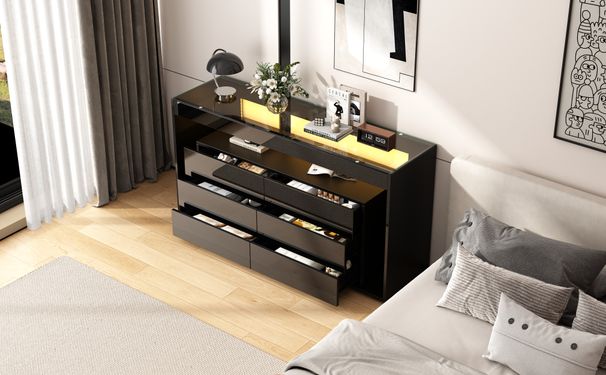 Buffet 6 tiroirs avec éclairage LED, plateau en verre trempé, design double couche, grand meuble de rangement pour salon, couloir, chambre, bureau, noir_voghion.com