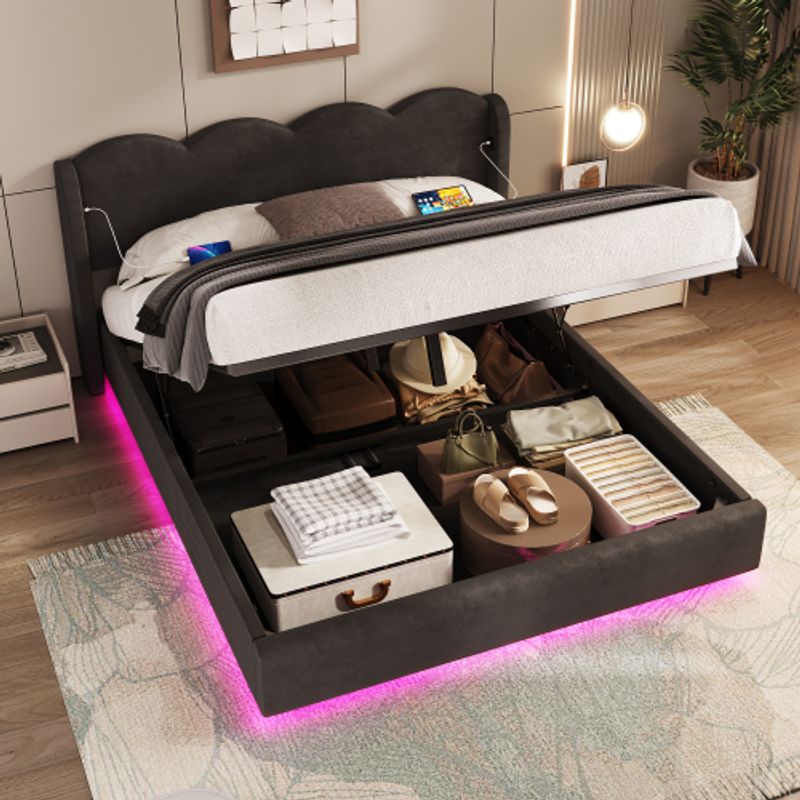 Gepolsterter Bettrahmen, Wellenförmiger Flacher Nudelrahmen Bettrahmen, Geeignet Für Doppelbett, Mit LED-Licht, USB+C Schnittstelle Aufladung Und Großem Stauraum, Samtstoff (schwarz 140cm × 200cm)_voghion.com