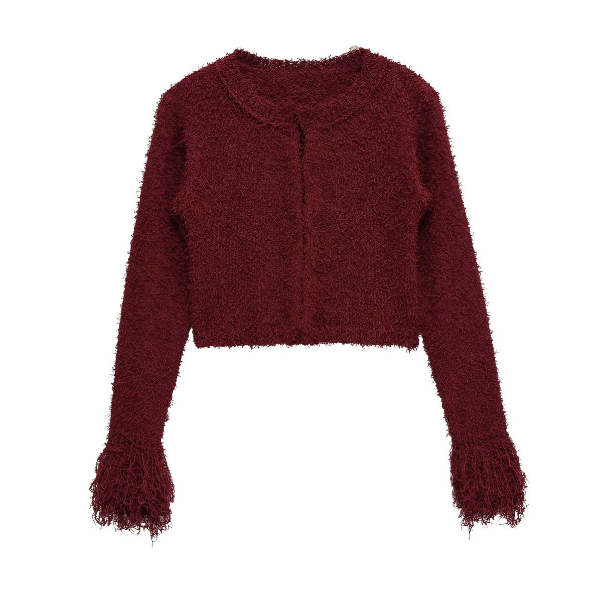 Fall Women's Boho Fringe Knit Cardigan – Long Sleeve Round Neck Polyester Open Front Sweater (S-L, Oversized Fit, Wine Red, Streetwear Chic)_voghion.com