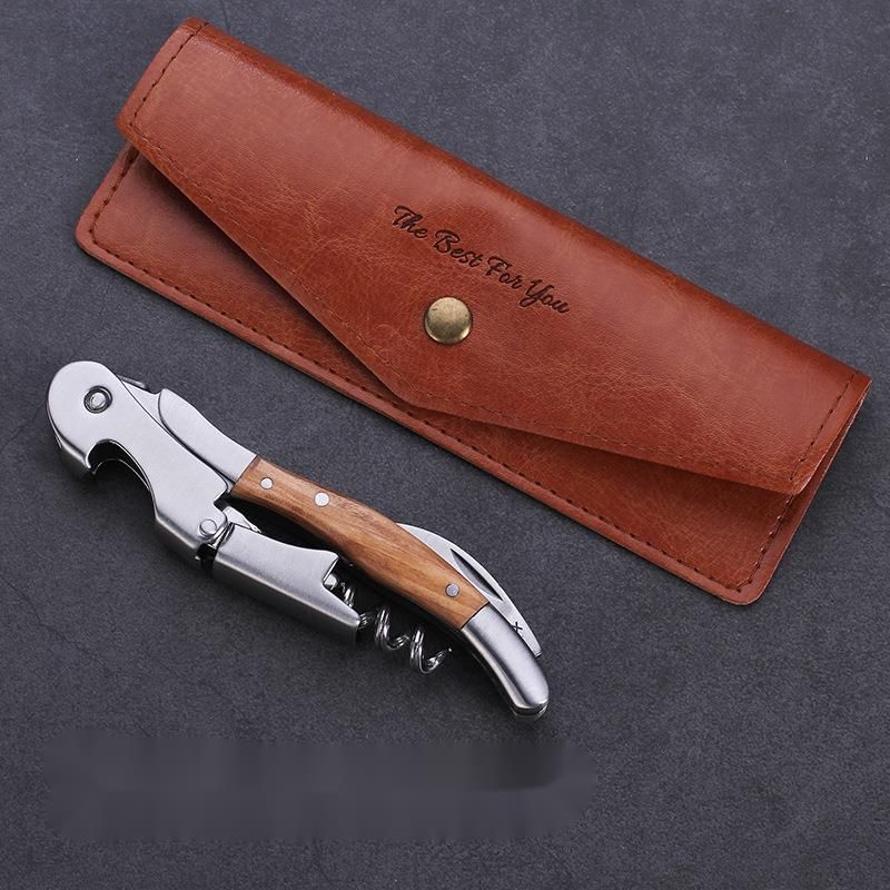 Olive Wood Seahorse Multi-Functional Knife Red Wine Opener Leather Set_voghion.com