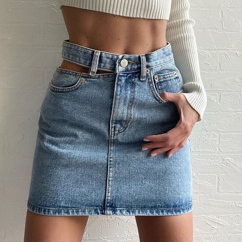 Women's Clothing Single Side Hollow Denim Skirt High Waist Slim Casual Hip Denim Skirt_voghion.com