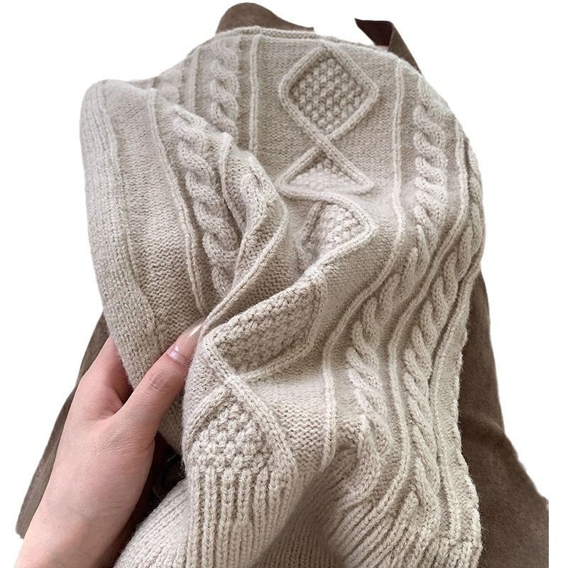 Balaclava women's winter warm Fried Dough Twists braid scarf integrated ear protection cold proof wool knitting hat_voghion.com