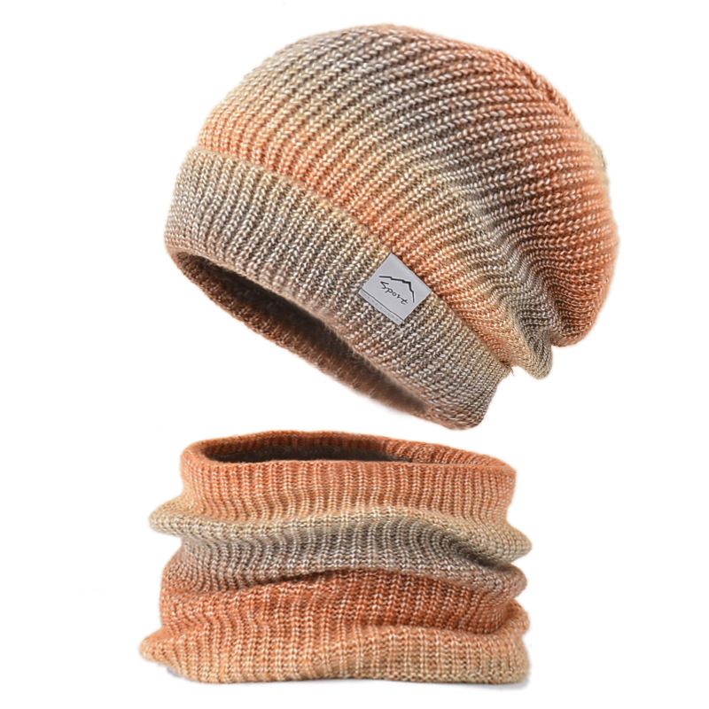 Designer european și american, pălărie din lână cu schimbare treptată a culorii, set de două piese, pălărie tricotată groasă și caldă, cu protecție pentru urechi_voghion.com
