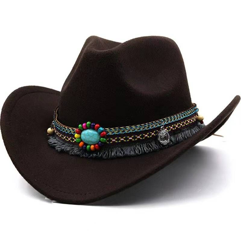 Cappello semplice a tesa rovesciata, cappello jazz in lana, cappello a cilindro stile inglese, cintura stile etnico, cappello da cowboy Western tinta unita_voghion.com