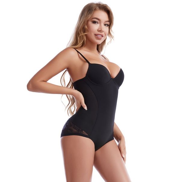 Intimo modellante intero per donna con scollo a V profondo, spalline in pizzo, imbottitura per il controllo della pancia e il sostegno del seno. Intimo modellante in stile europeo._voghion.com