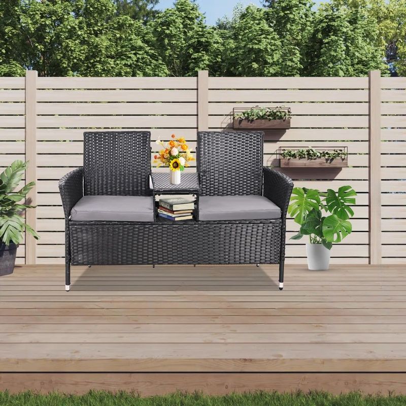 Outdoor Loveseat, 2 Seat Loveseat With Cushions And Built-in Coffee Table, Bench For Balcony Furniture Sets Non-removable Back Without Glass( Backrest Of Integrated Piece )_voghion.com