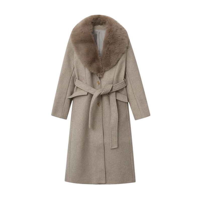Eleganter Wollmantel mit Gürtel für Damen – Langer Trenchcoat für den Winter mit Kunstpelzkragen, Slim Fit, Zweireihig, Streetstyle (Khaki/Schwarz, XS/S/M/L)​_voghion.com