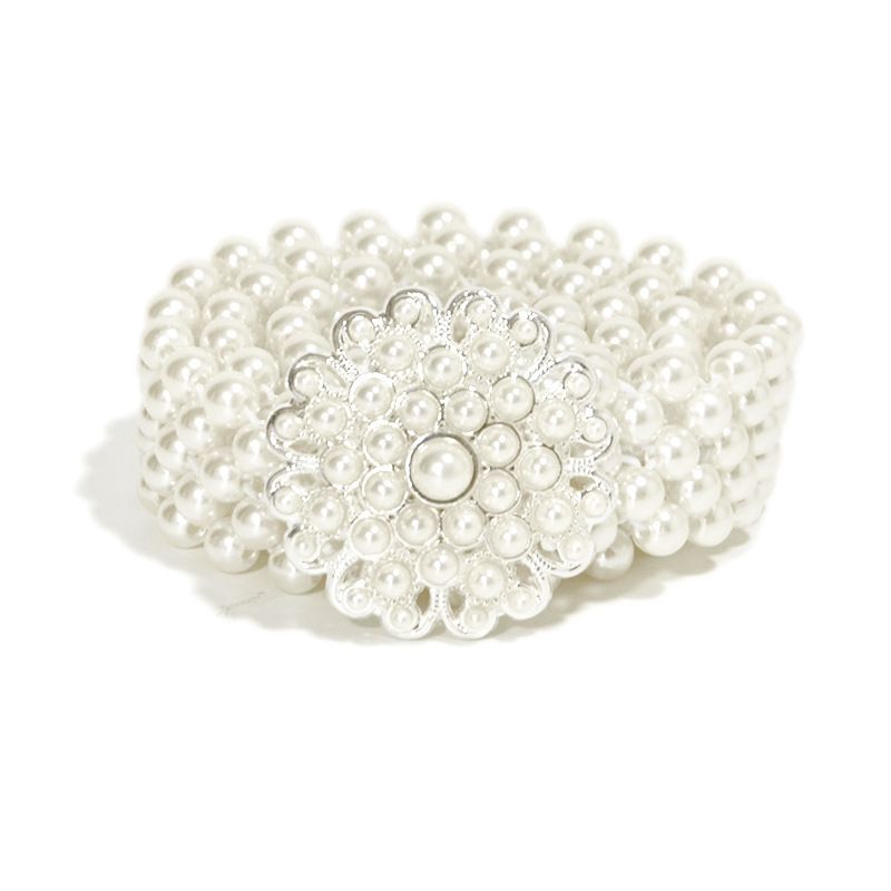 CALDA Europa e Stati Uniti Cintura Ragazza Perla Fiore Strass Ornamento Catena elastica in vita con abito bianco_voghion.com