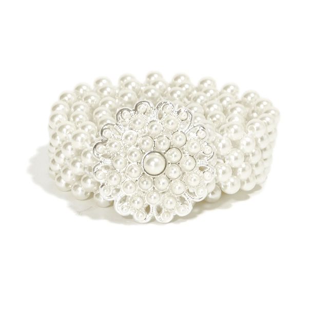 CALDA Europa e Stati Uniti Cintura Ragazza Perla Fiore Strass Ornamento Catena elastica in vita con abito bianco_voghion.com