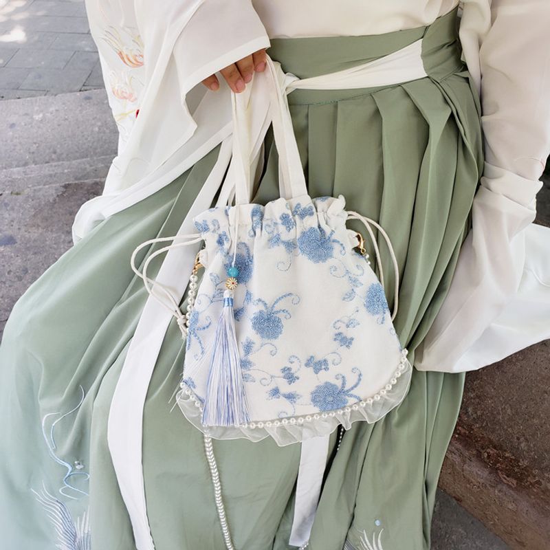 Sac à bandoulière chinois pour femme, style féerique ancien, avec pompon, style forêt Hanfu, perles_voghion.com