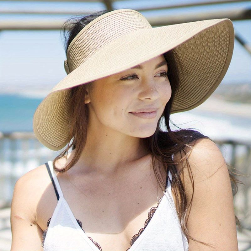 Foldable Straw Visor Hat Bowknot Wide Brim Ponytail Sun Hats Elegant UV Protection Travel Beach Hats For Women Outdoor_voghion.com