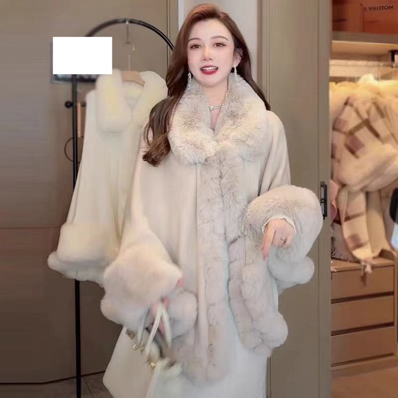 Fur collar cape cape hooded cardigan plus-size coat_voghion.com
