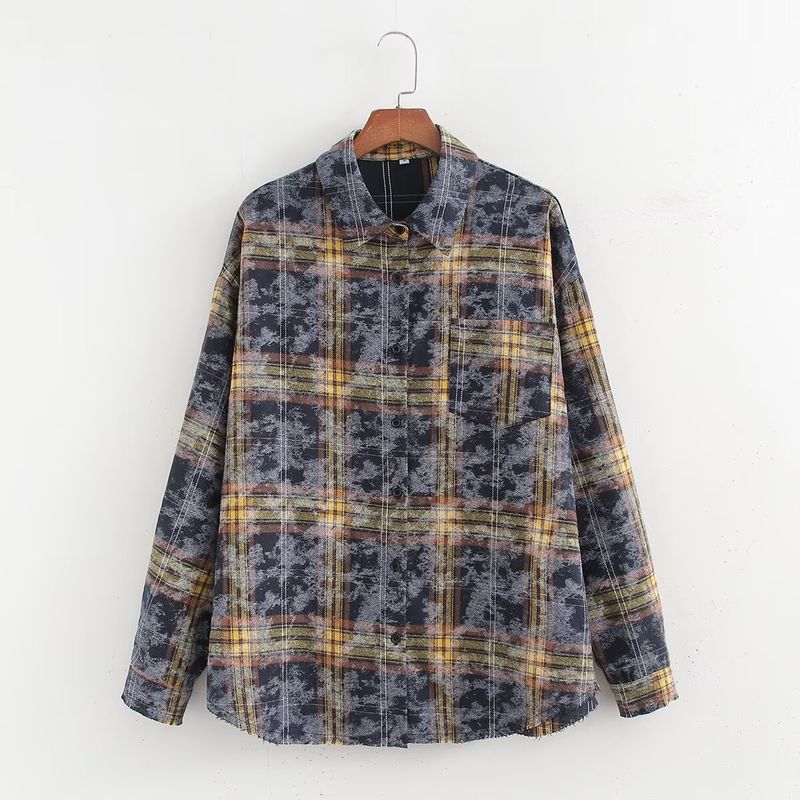 Women's clothing 2024 autumn/winter new street fashion tie dye plaid long sleeved shirt_voghion.com
