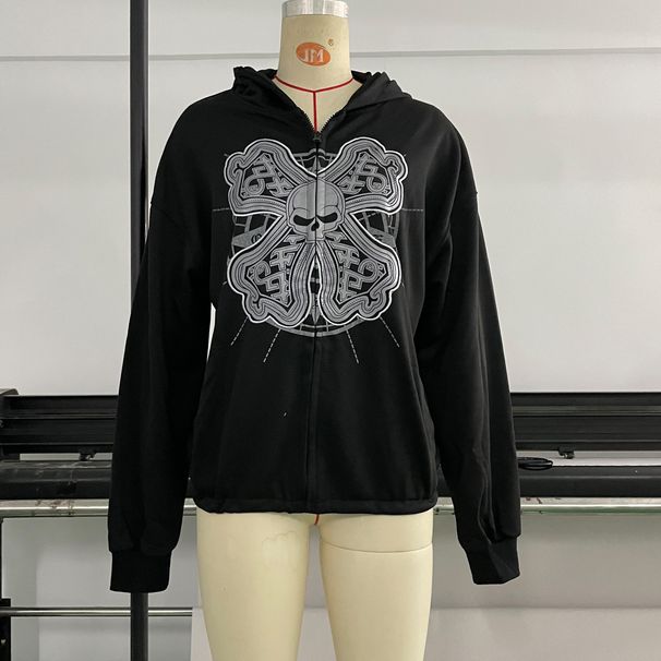 Giacca cardigan con cerniera con cappuccio a maniche lunghe stampata alla moda da donna_voghion.com