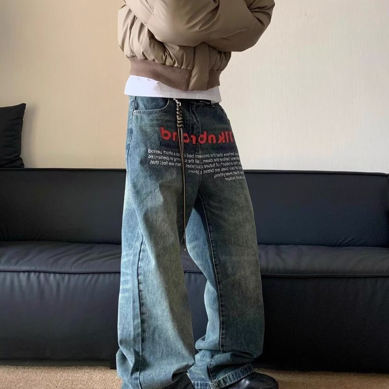 Autumn New Men's Trendy American Vintage Letter Print Jeans Men's Hip-hop Design Straight Leg Denim Pants Baggy Trousers Jeans_voghion.com