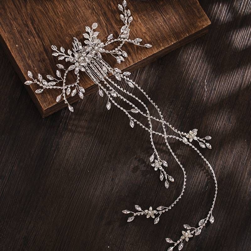 Kāzu rotaslietas, kristāla garu matu ķemmes ieliktnis, pīti matu aksesuāri ar rhinestones, kāzu rotaslietas, plīvura aksesuāri_voghion.com