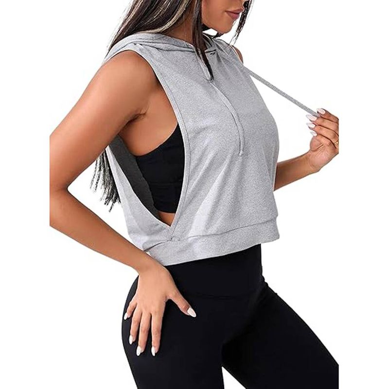 Women's Sleeveless Hoodie Cardigan Side Sweatshirt Short Tank Top_voghion.com