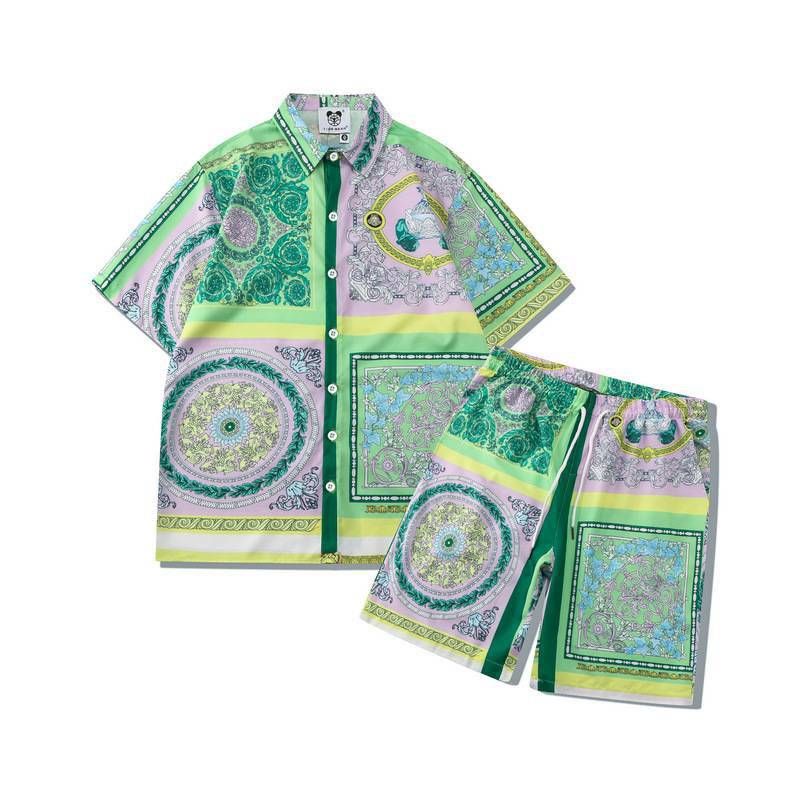 Men's Clothing High Street Floral Shirt Suit Retro Gradient Shirt Casual Cardigan Shorts Matching Men_voghion.com