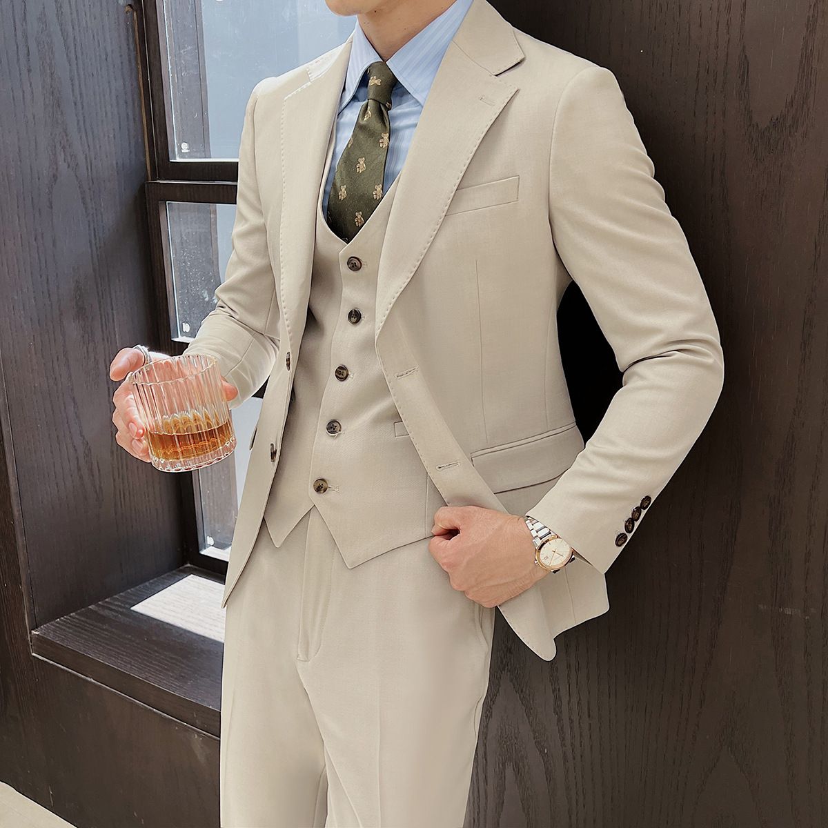 CT Men's New Single-Breasted Slim Fit Textured Business Formal Dress Suit Three-Piece Set_voghion.com