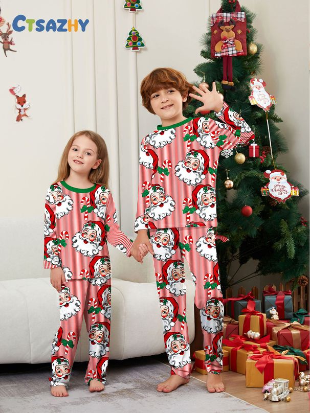 Flame Retardant Fabric New Christmas Children's Clothing, Two Piece Sets, Santa Claus Head Print And Full Flower Home Clothes_voghion.com