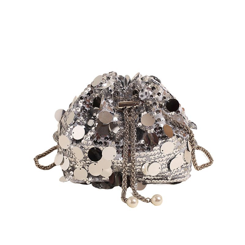 Silberne Pailletten-Umhängetasche mit einer Schulter für Damen 2024 Neue vielseitige Ins-Stil-Kette mit Kordelzug Glücks-Eimertasche_voghion.com