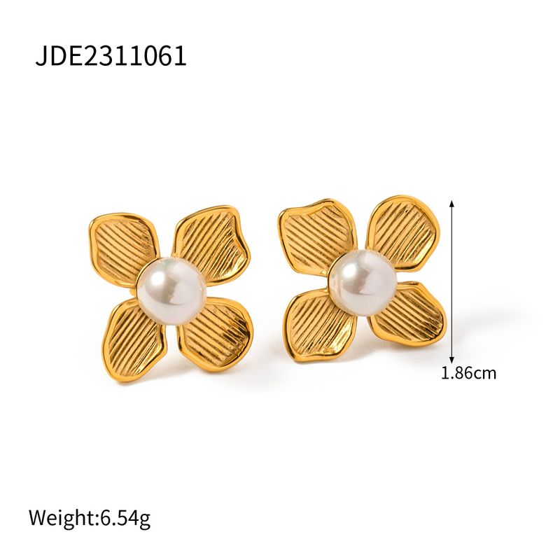 Gold stainless steel pearl flower inlaid earrings in trendy style, geometric earrings, non fading accessories_voghion.com