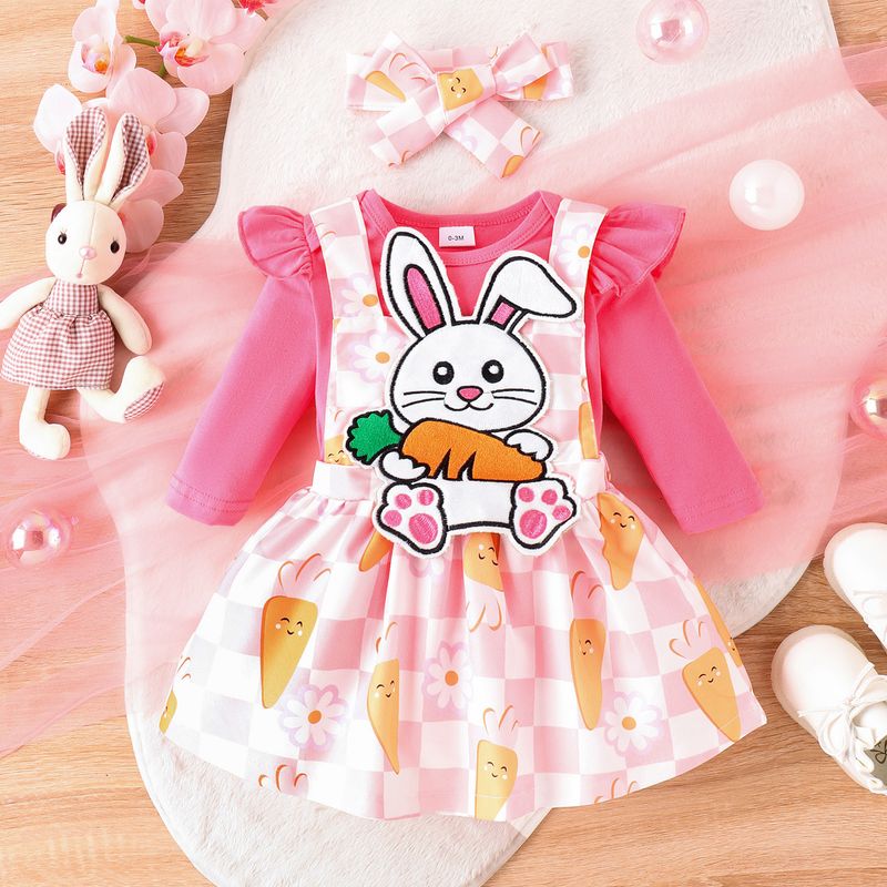 Baby and toddler spring new long sleeved jumpsuit+rabbit radish print strap skirt+headdress for girls set_voghion.com
