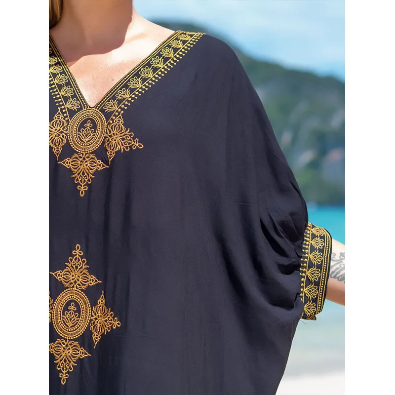 Women's Clothing Summer Cotton Golden Embroidered Robe Holiday Comfortable Loose Beach Cover Up_voghion.com