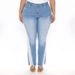 Jeans bootcut a vita alta effetto consumato da donna - Pantaloni in denim elasticizzato azzurro con orlo grezzo, disponibili in taglie comode_voghion.com