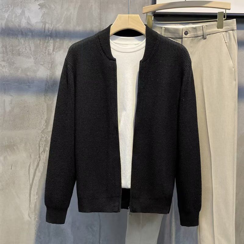 Herenkleding Dubbele rits ontwerp Cardigan Trui Heren Lente en herfst Eenvoudige en veelzijdige effen gebreide trui Trendy jas_voghion.com