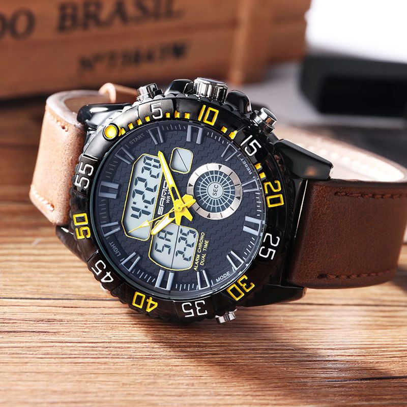 Orologio da uomo in stile militare con quadrante grande, cinturino in pelle, display analogico-digitale, lancette luminose, resistente all'acqua, stile casual e sportivo_voghion.com