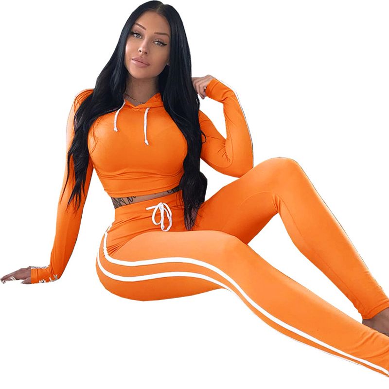 Damenbekleidung Sport Fitness Laufen Gestreifte elastische Strumpfhose mit Kapuze und Kordelzug Kurzes Oberteil Hohe Taille Enge Hose Zweiteiliges Set_voghion.com
