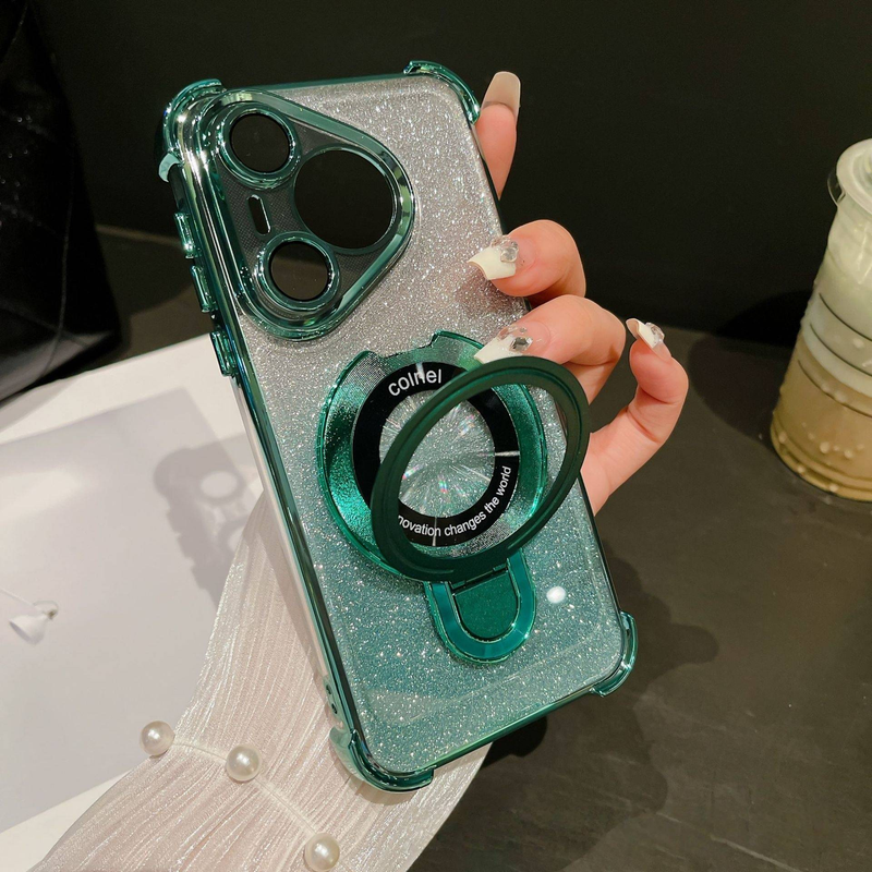 Pura 70/Mate 60 & Honor Magic 6 Magnetic Shockproof Case - Electroplated Metal Frame With Gradient Color, Built-in Kickstand & 360° Full Protection​​_voghion.com