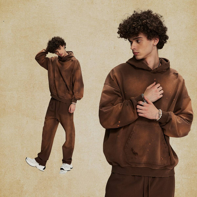 ​​EXISTANCE Distressed Vintage Streetwear Hoodie & Jogger Set – Übergroßes Unisex-Freizeitoutfit aus gewaschener Baumwollmischung (Schwarz/Braun/Grau/Grün, S-XXL)​​_voghion.com