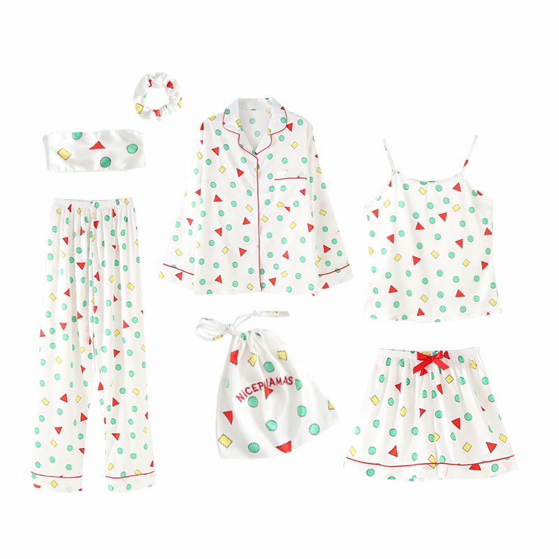 Women's Sleepwears Spring And Autumn Summer Solid Color Simulation Ice Silk Seven Piece Suit Pajamas Ladies Casual Sweet Sling Chest Pad Home Clothes_voghion.com