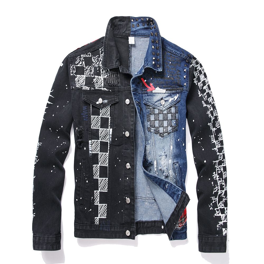 Men Punk Rivet Check Print Denim Jacket Holes Ripped Plaid Patches Patchwork Jean Coat Painted Blue Black Spliced Outerwear_voghion.com