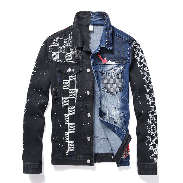 Men Punk Rivet Check Print Denim Jacket Holes Ripped Plaid Patches Patchwork Jean Coat Painted Blue Black Spliced Outerwear_voghion.com