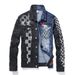 Men Punk Rivet Check Print Denim Jacket Holes Ripped Plaid Patches Patchwork Jean Coat Painted Blue Black Spliced Outerwear_voghion.com