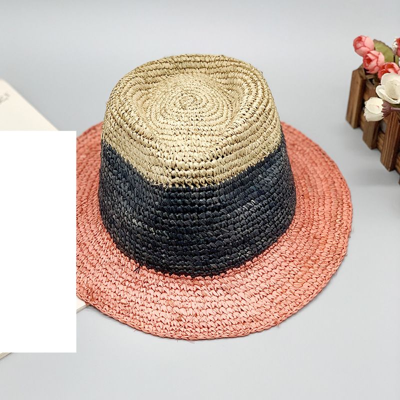 Natural raffia crochet straw hat color matching small hat casual striped Rayleigh wind short brimmed top hat_voghion.com
