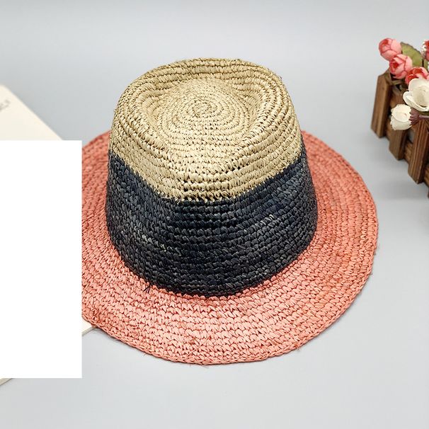 Natural raffia crochet straw hat color matching small hat casual striped Rayleigh wind short brimmed top hat_voghion.com