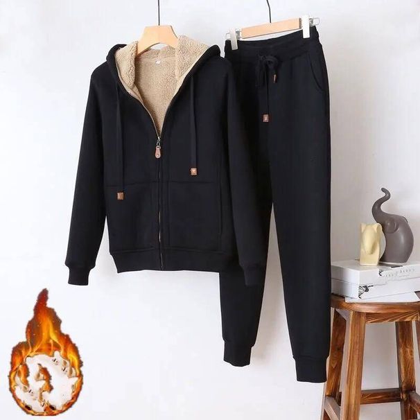 Women's Clothing Plush and thickened solid color slim long sleeved hooded cardigan jacket sweatpants two piece set_voghion.com