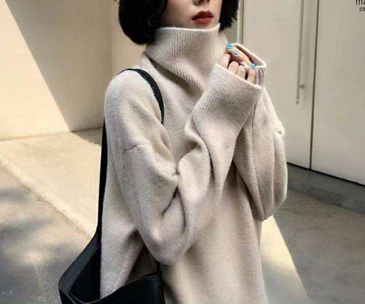 Damenpullover mit hohem Kragen, weicher Strickpullover aus Kaschmirmischung, übergroßes, lässiges Rollkragenoberteil in 9 Farben (Weiß, Schwarz, Weinrot, Mokka usw.)_voghion.com