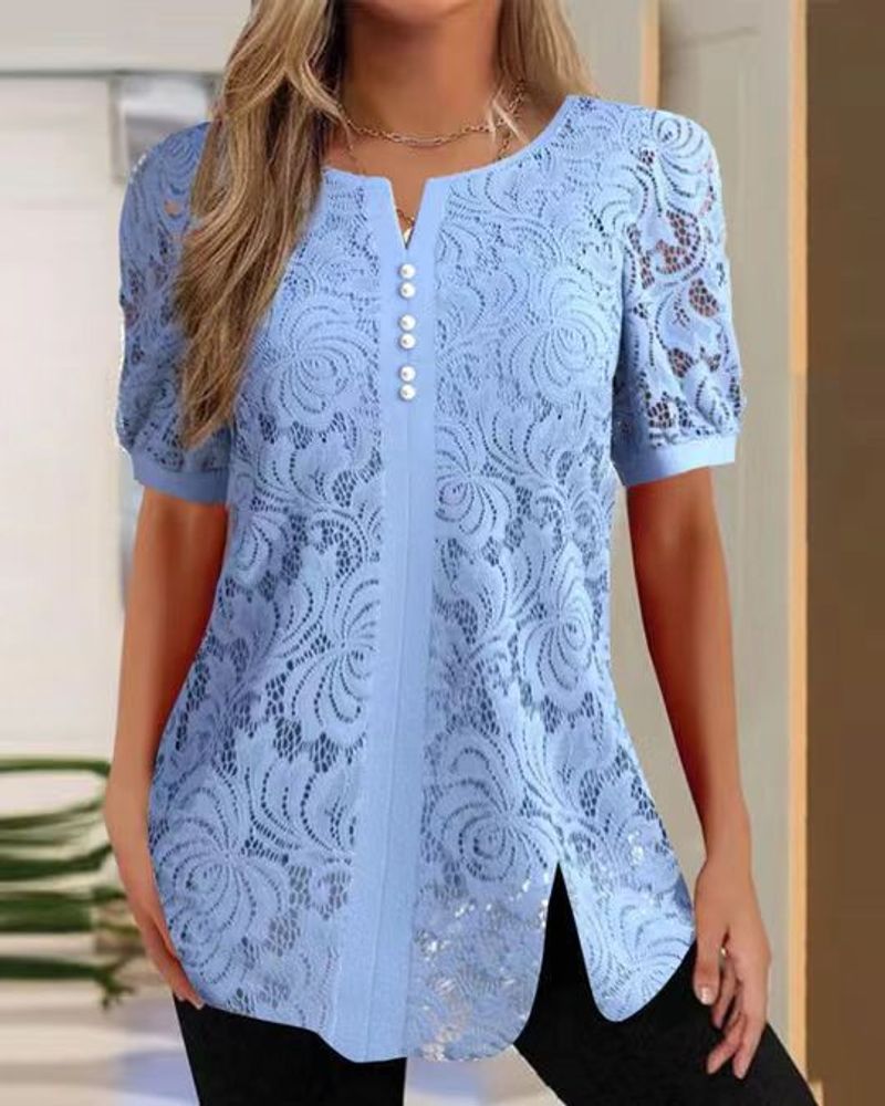 Abbigliamento da donna Top in pizzo con decorazione a bottone Scollo a V Top in pizzo da donna Camicie in pizzo_voghion.com