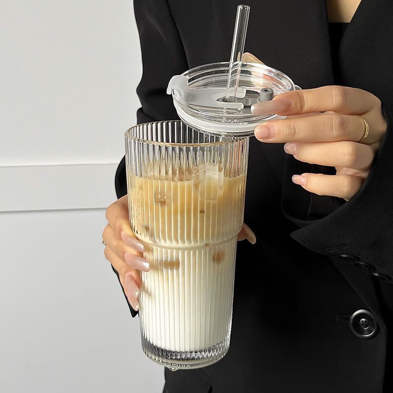 High-Quality Large Capacity Glass With Lid And Striped Straw For Home Use, Juice Coffee Ins Style Cup, Water Cup_voghion.com